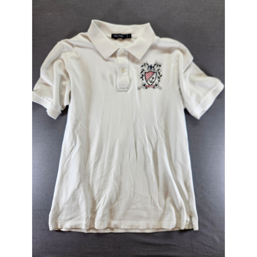 Nautica Mens Cream White Short Sleeve Crest Logo Pique Polo Shirt Size M